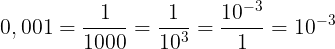 \large 0,001=\frac{1}{1000}=\frac{1}{10^{3}}=\frac{10^{-3}}{1}=10^{-3}